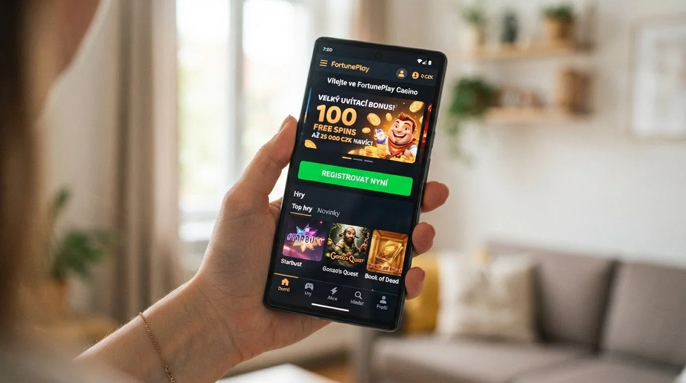 Moderní design mobilní casino aplikace s výrazným tlačítkem registrace a zvýrazněnou uvítací nabídkou
