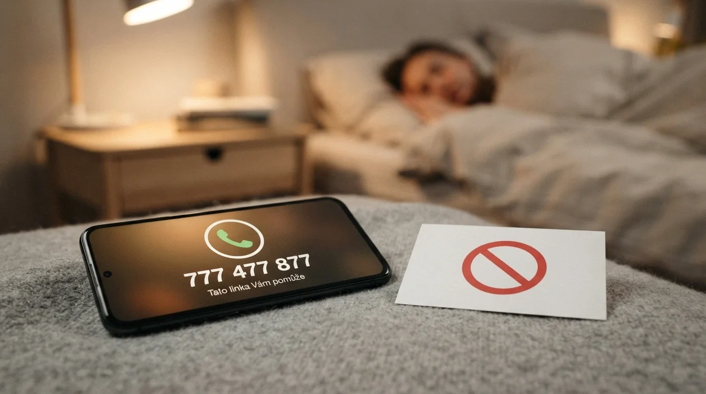 Telefon s vytočeným číslem linky pomoci na displeji, vedle něj přeškrtnutý symbol kasina