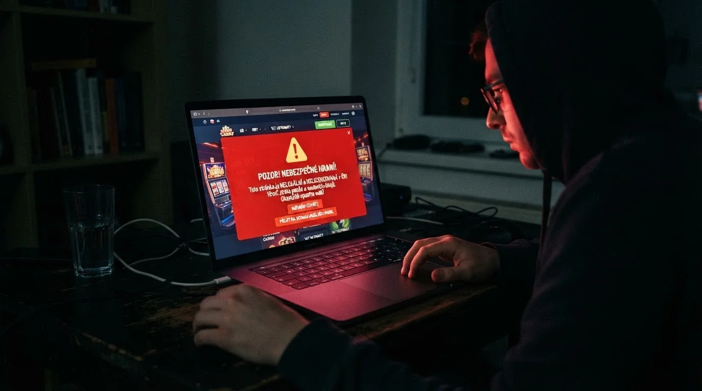 Výstražná ilustrace — displej s varovnou zprávou a logem MF ČR vedle nelicencovaného webu s casino tématikou