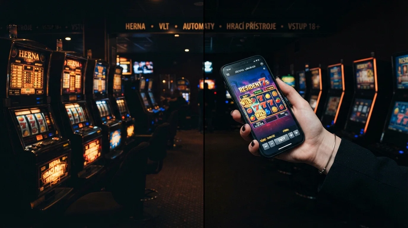 Rozdělený obraz — vlevo kamenné casino s hracími automaty, vpravo mobilní telefon s online casinem