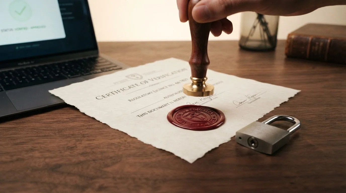 Dokumenty, pečetě a bezpečnostní certifikáty symbolizující ověřování licence a zabezpečení online casina
