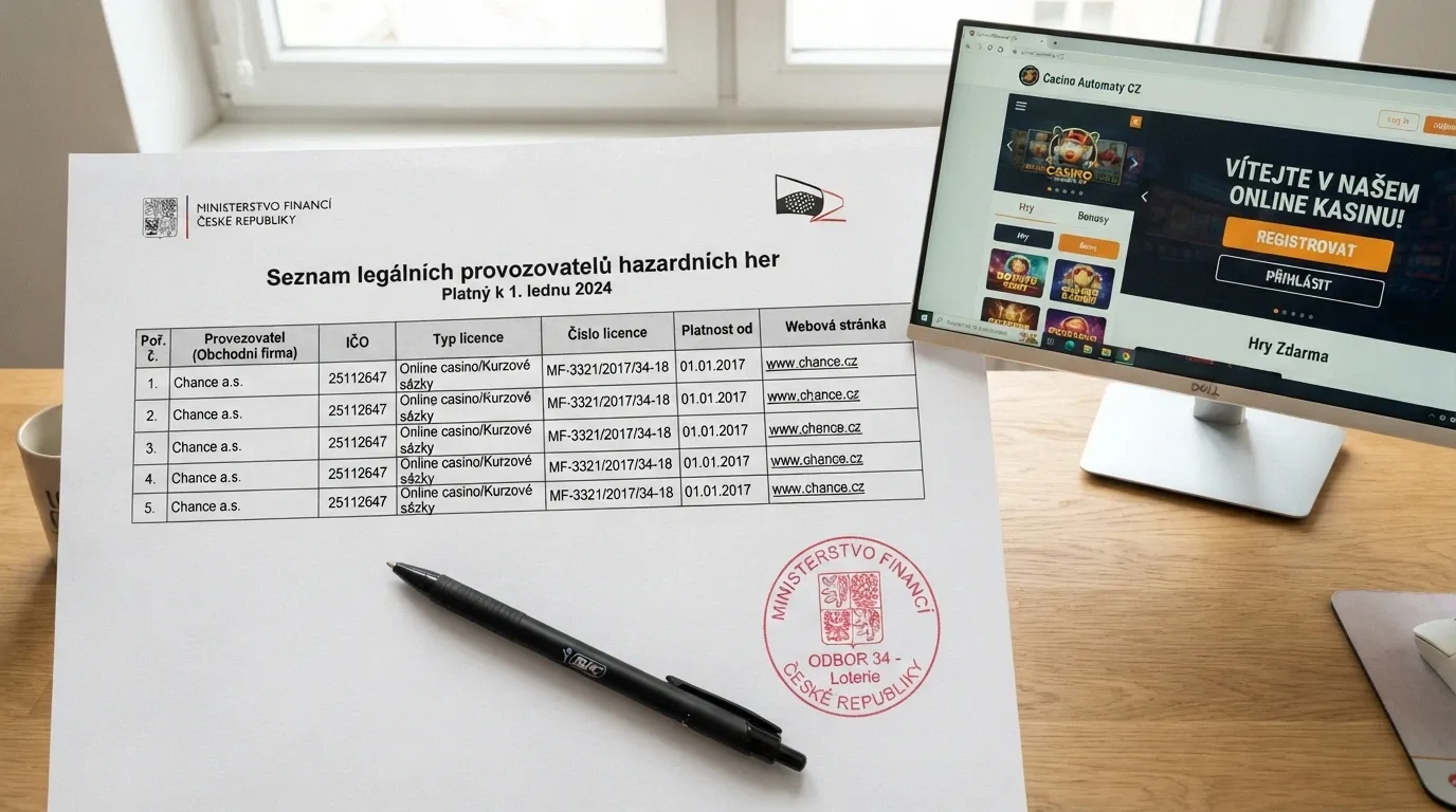 Úřední dokument s razítkem MF ČR — výřez ze Seznamu legálních provozovatelů hazardních her, vedle něj monitor s otevřenou stránkou casina