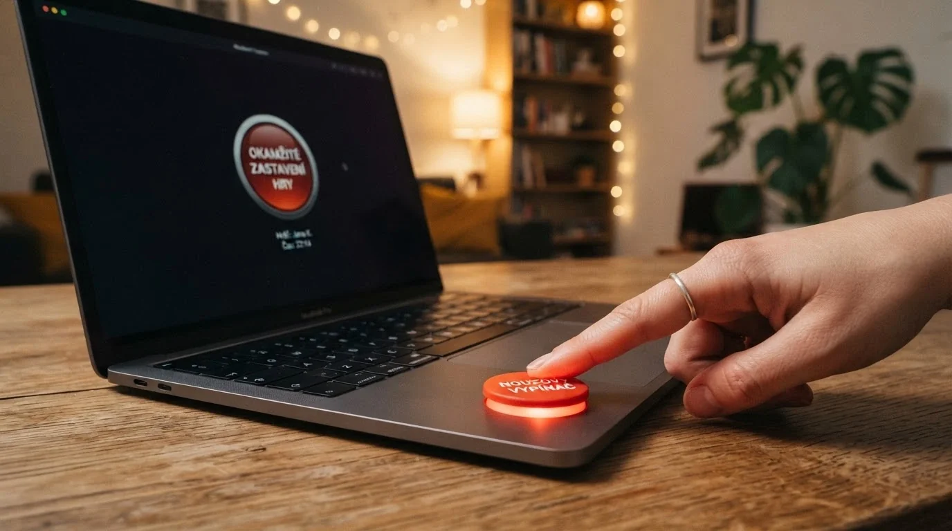 Tlačítko s nápisem panic button na rozhraní online casina — jedno kliknutí znamená 48 hodin nucené pauzy