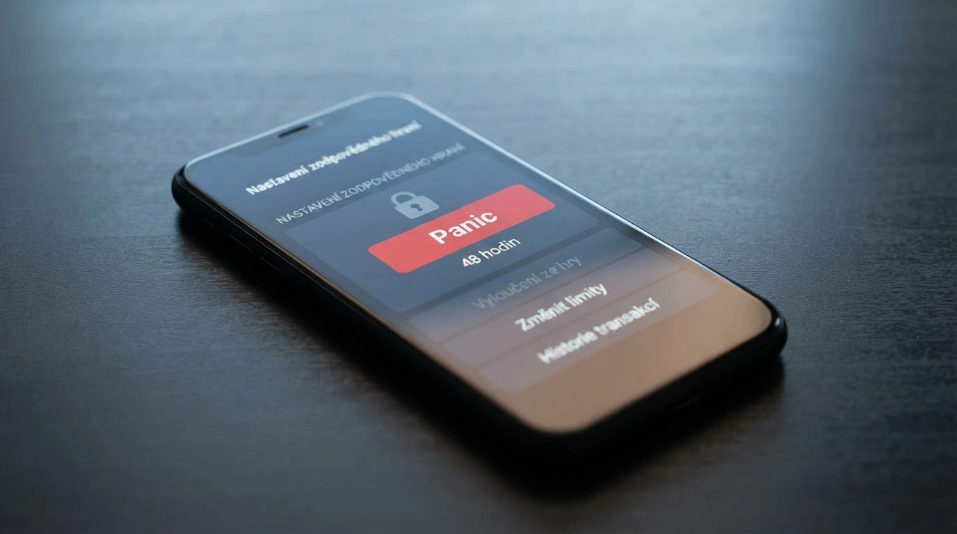 Mobilní telefon s otevřenou aplikací casina, na displeji červené tlačítko Panic s nápisem 48 hodin, vedle něj symbol zámku — ilustrace sebevyloučení