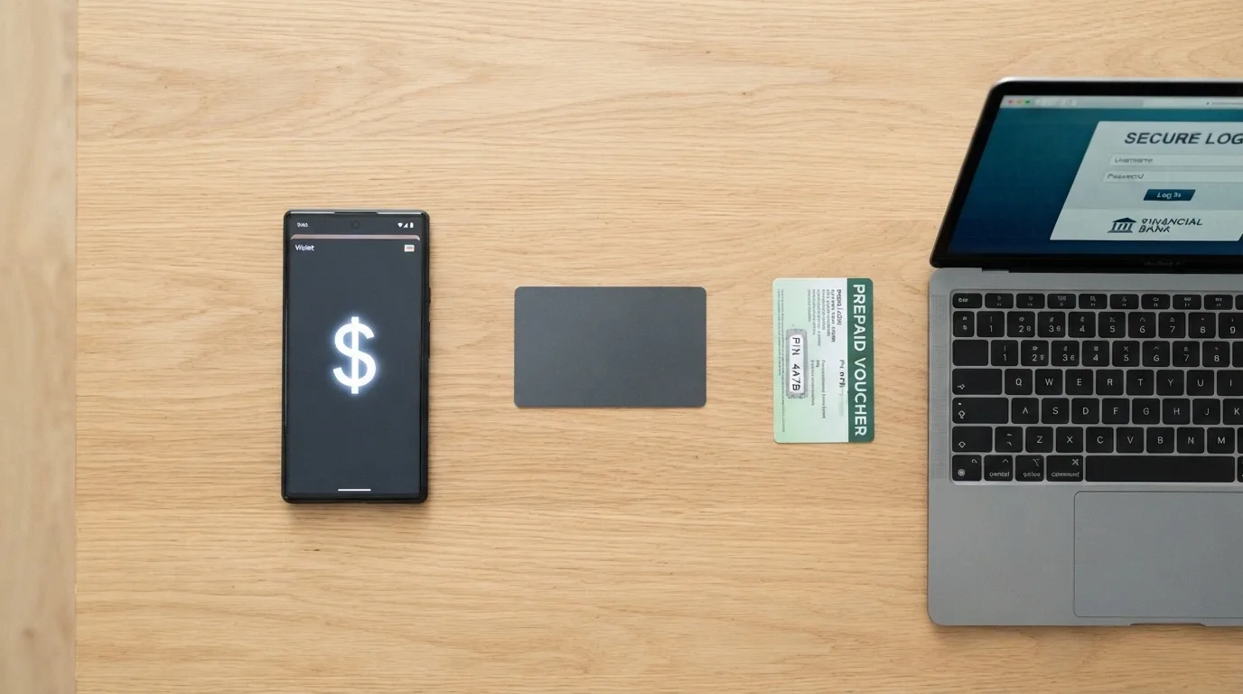 Rozložené platební prostředky na stole — platební karta, mobil s Apple Pay, Paysafecard voucher, bankovní přihlášení na notebooku