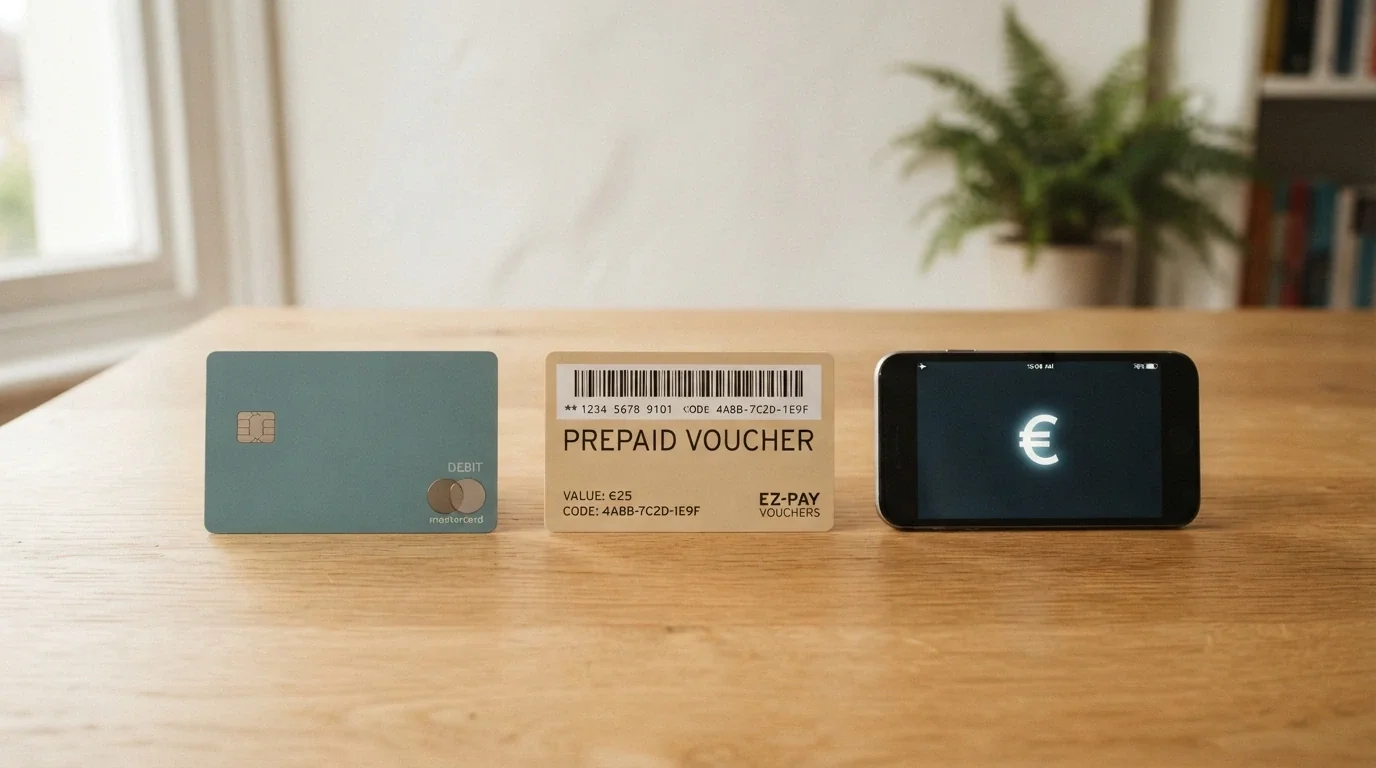 Platební karta, Paysafecard voucher a mobilní telefon jako symboly tří různých platebních cest