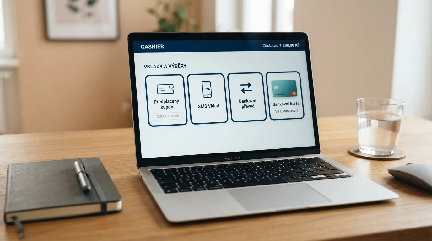 Výběr platebních metod v pokladně online casina — ikony Paysafecard, SMS platby, bankovního převodu a platebních karet