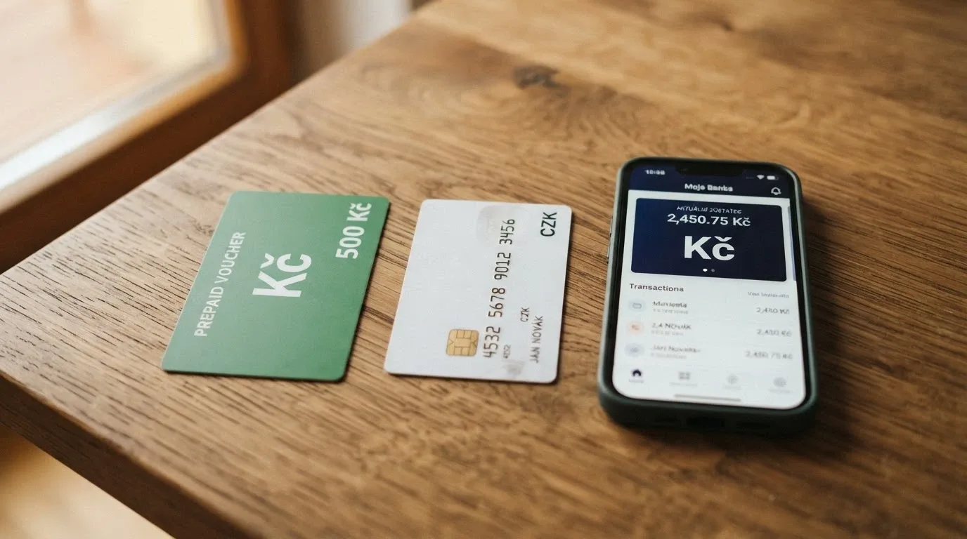 Rozložené platební prostředky — poukaz Paysafecard, platební karta, mobil s bankovní aplikací — vedle obrazovky s pokladnou casina
