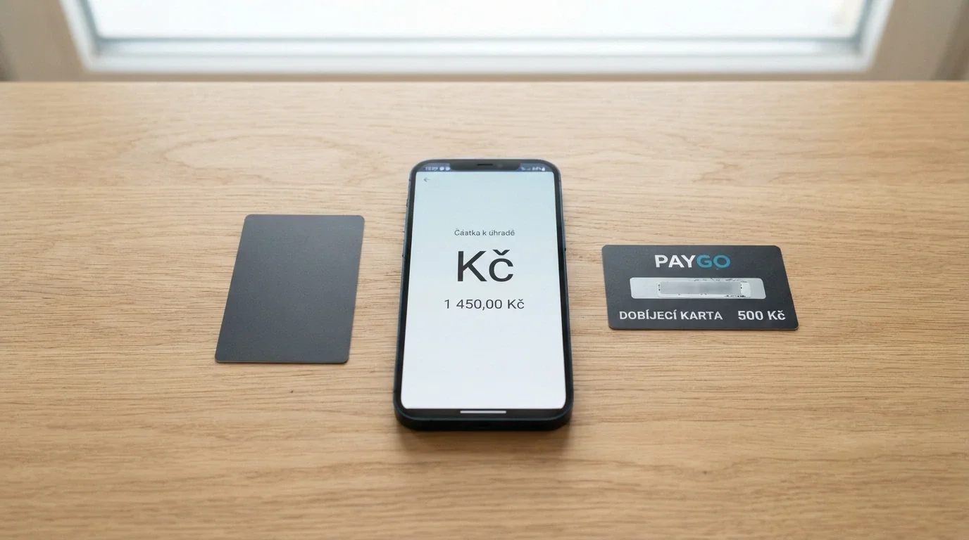 Mobil s obrazovkou platební brány a vedle něj platební karta a Paysafecard