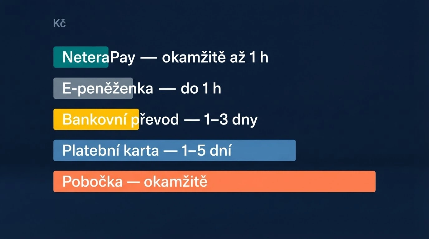 Infografika srovnávající platební metody podle doby připsání výhry na účet — od NeteraPay po bankovní převod