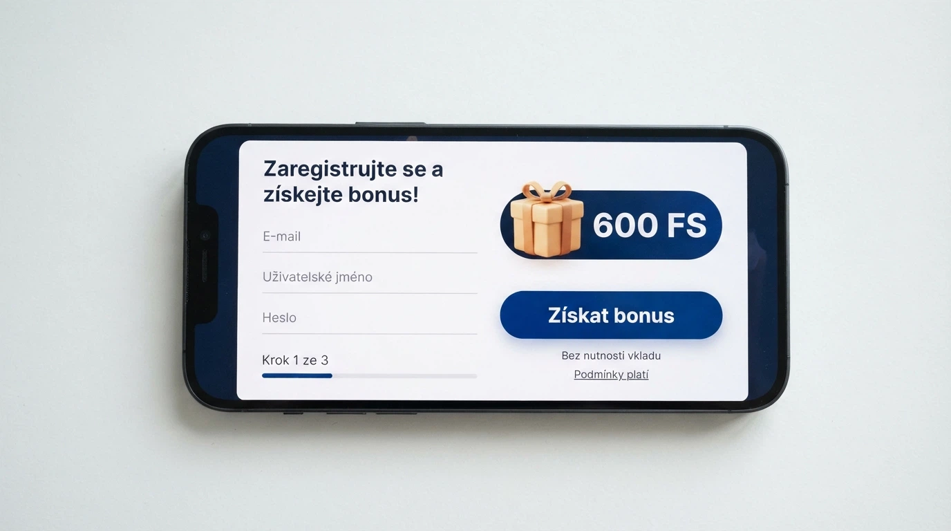 Detail registrační stránky casina s viditelnou nabídkou bonusu bez vkladu – tlačítko „získat bonus“, vedle ikona dárku s číslem 600 FS