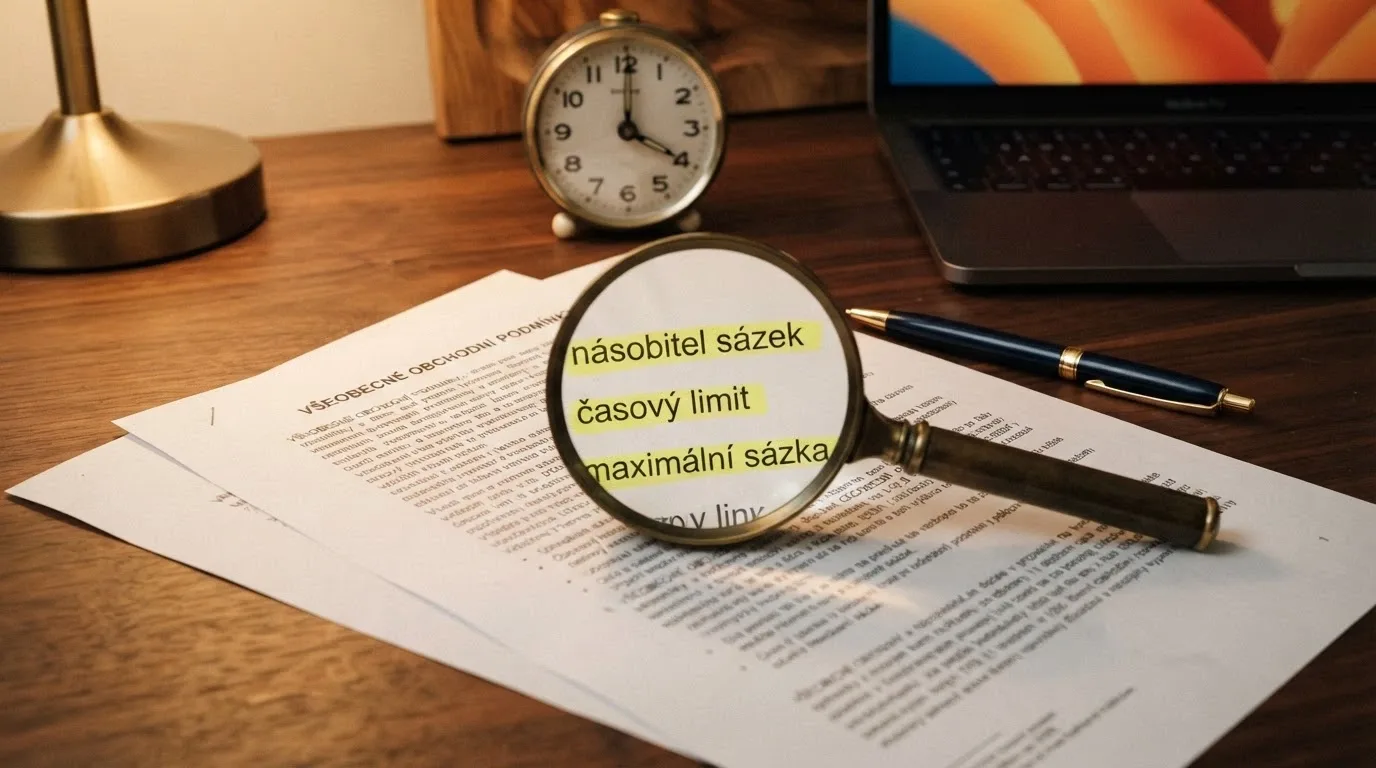 Zvětšená lupa nad textem obchodních podmínek, zvýrazněné pojmy „počet protočení“, „časový limit“ a „maximální sázka“, v pozadí hodiny a kalkulačka