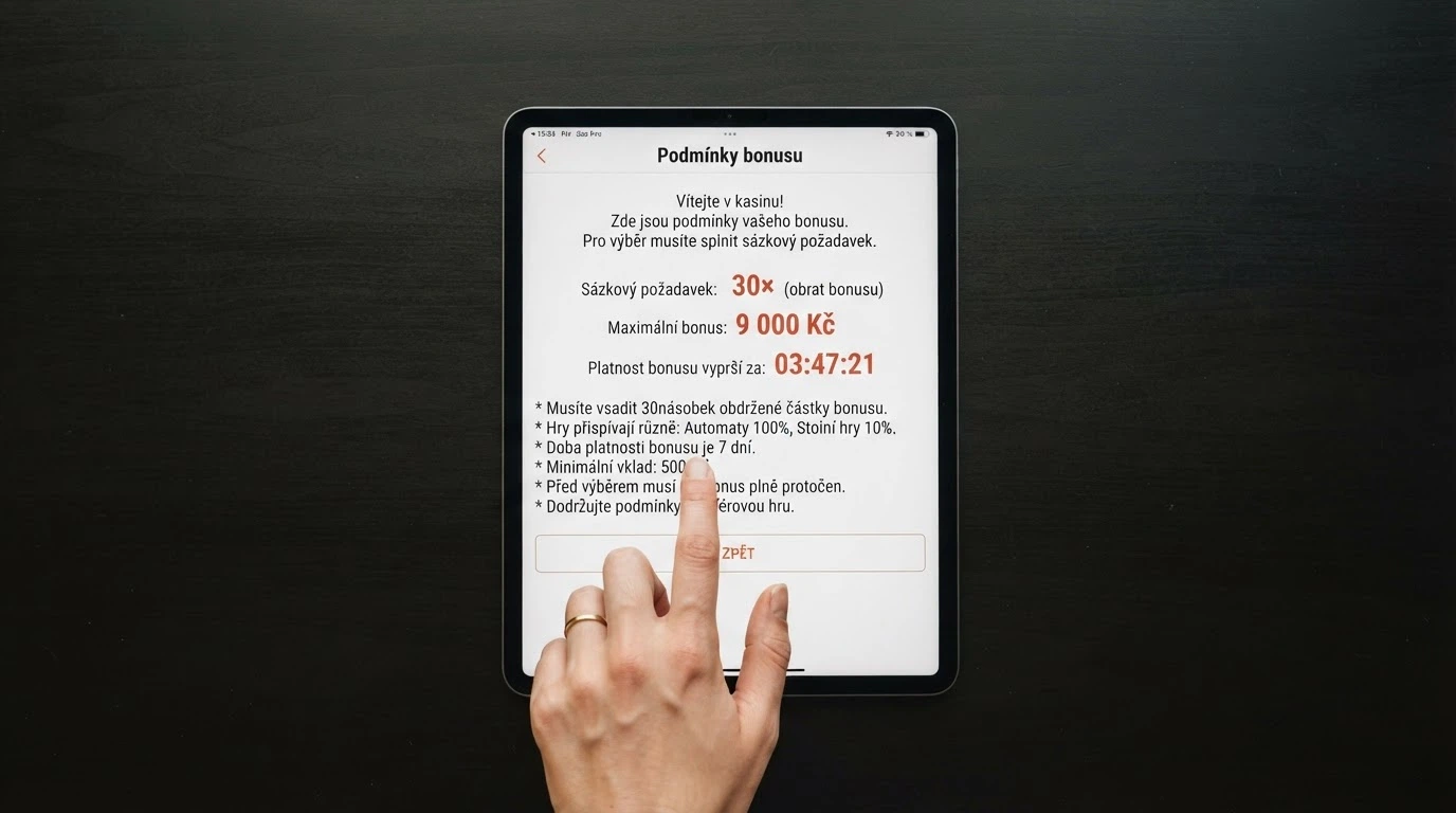 Detailní záběr na podmínky bonusu s čísly protočení a zvýrazněnou lhůtou platnosti