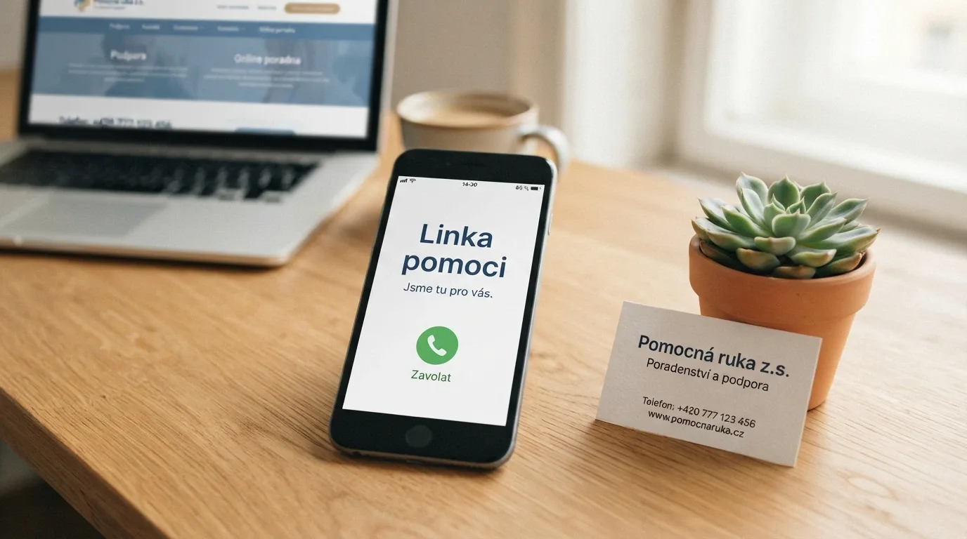 Telefonní sluchátko na stole vedle vizitky s nápisem Linka pomoci, v pozadí otevřená webová stránka poradny.