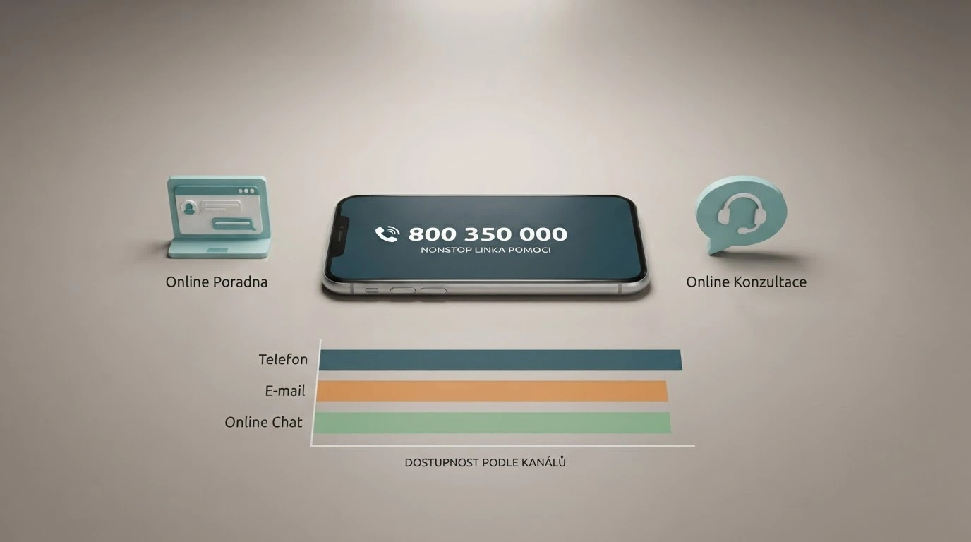 Infografika s telefonním číslem Národní linky pro odvykání, ikonami online poraden a stručnými kontakty