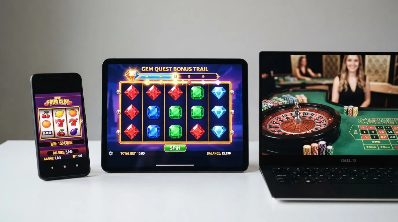 Rozmanitost herních obrazovek: slot s pěti válci, ruleta s živým krupiérem a klasický tříválcový automat vedle sebe