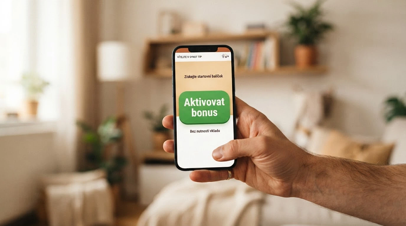 Ruka držící telefon, na obrazovce tlačítko „Aktivovat bonus“ a pod ním text „Bez nutnosti vkladu“ — žádné platební údaje nejsou vyplněny