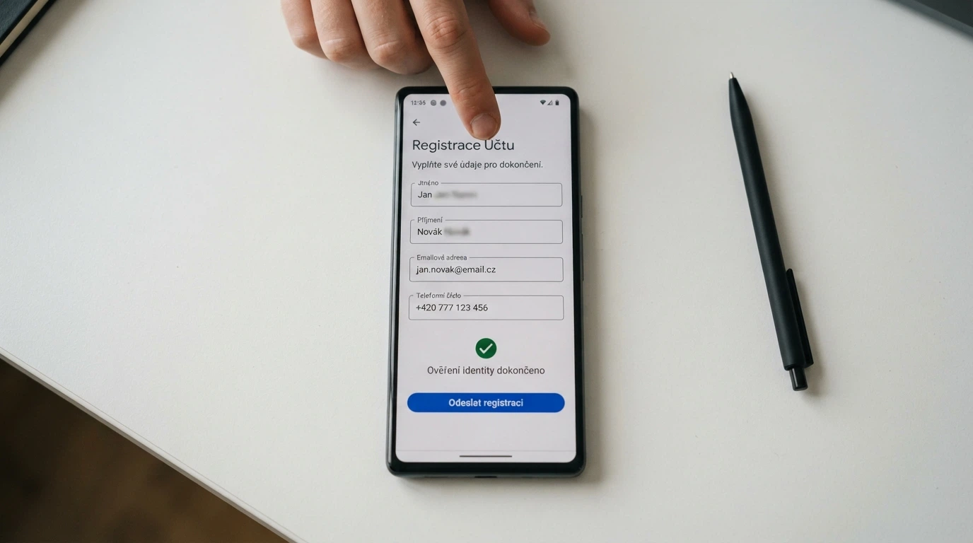 Detail registračního formuláře online casina s vyplněnými osobními údaji a ikonou ověření totožnosti