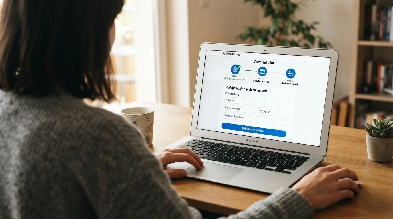 Tříkrokový proces registrace — BankID ověření, platební metoda, herní limity — na displeji notebooku