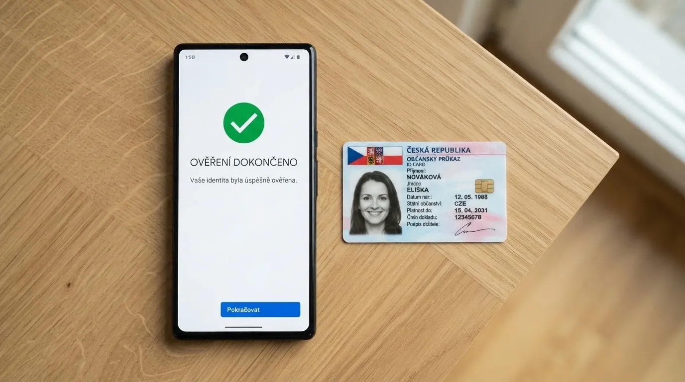 Obrazovka mobilního telefonu s rozhraním BankID pro ověření totožnosti, vedle něj občanský průkaz