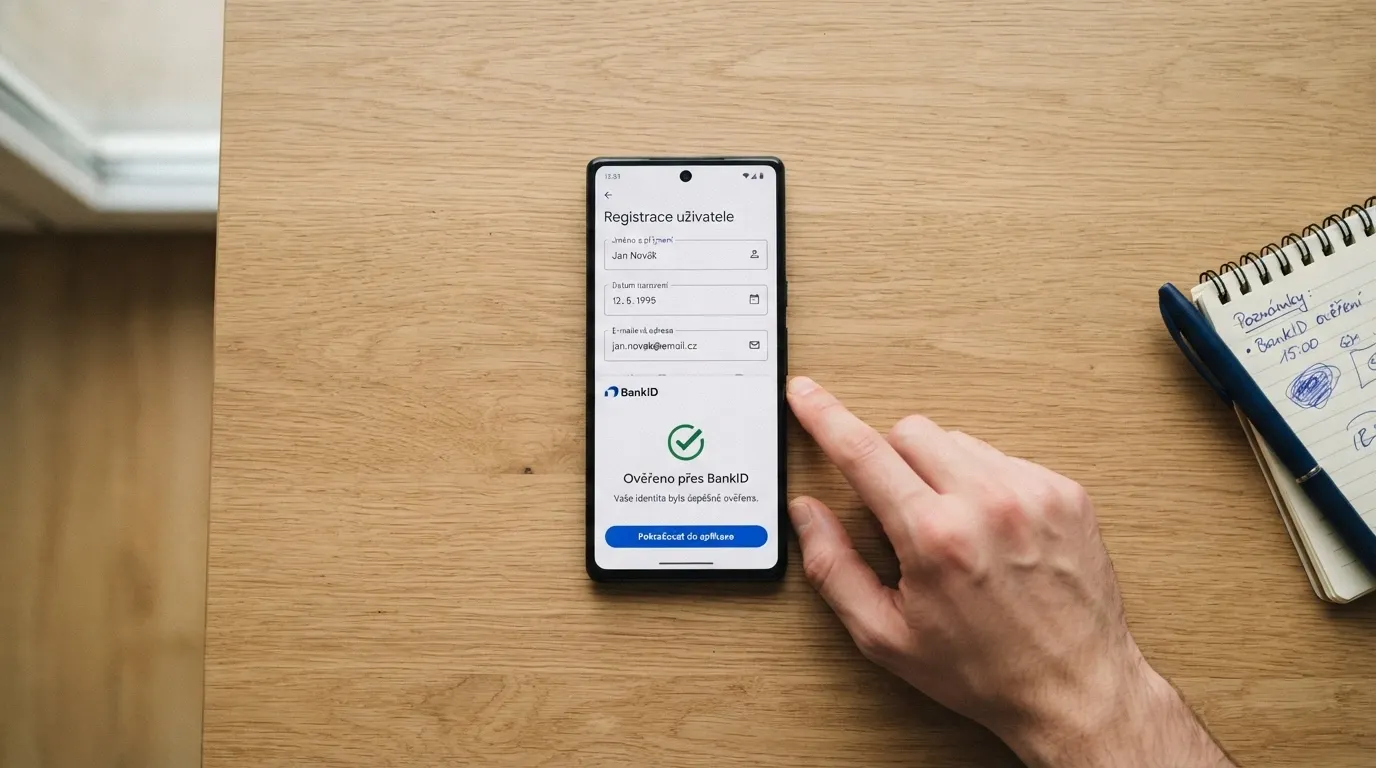 Obrazovka mobilního telefonu s rozhraním BankID vedle registračního formuláře online casina