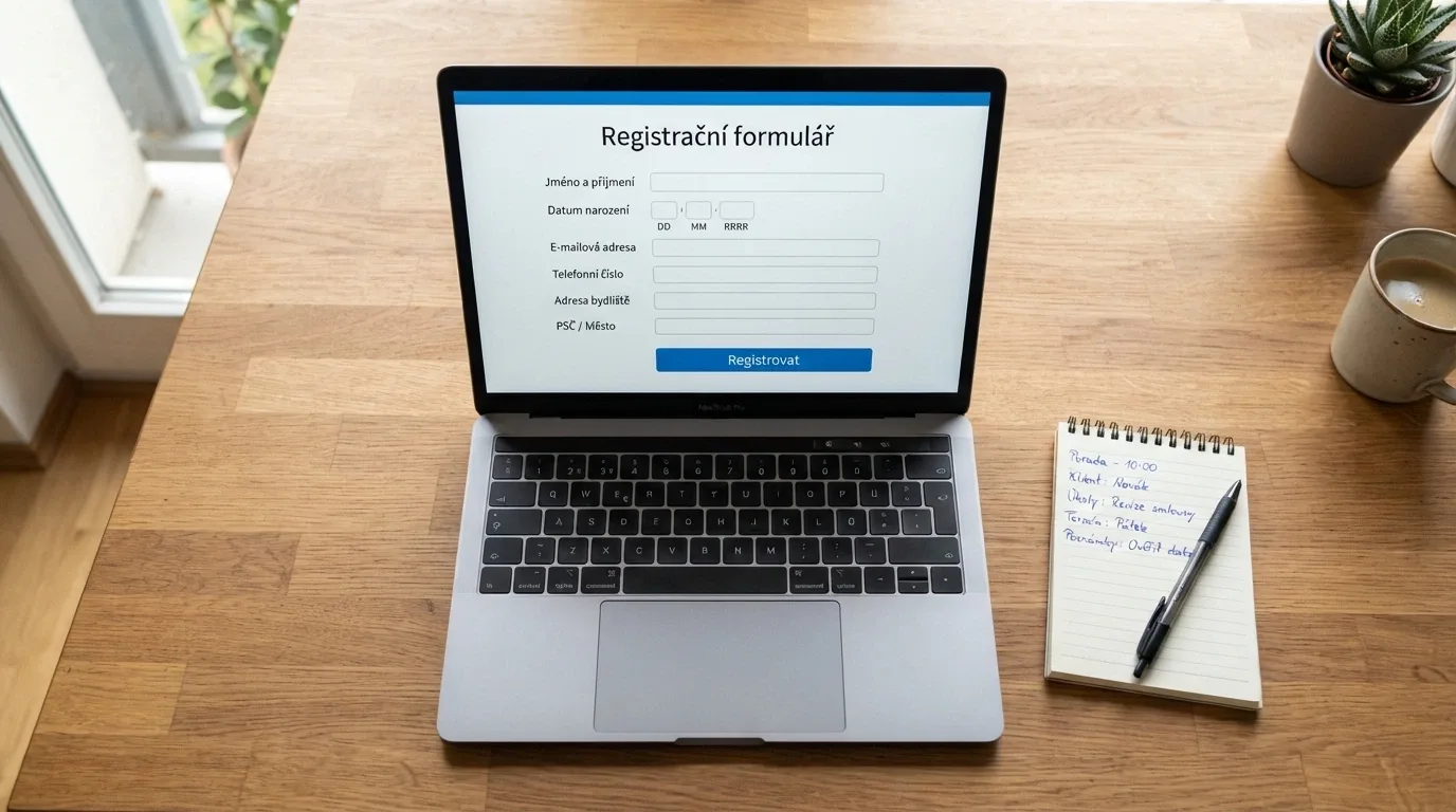 Registrační formulář na obrazovce notebooku vedle občanského průkazu