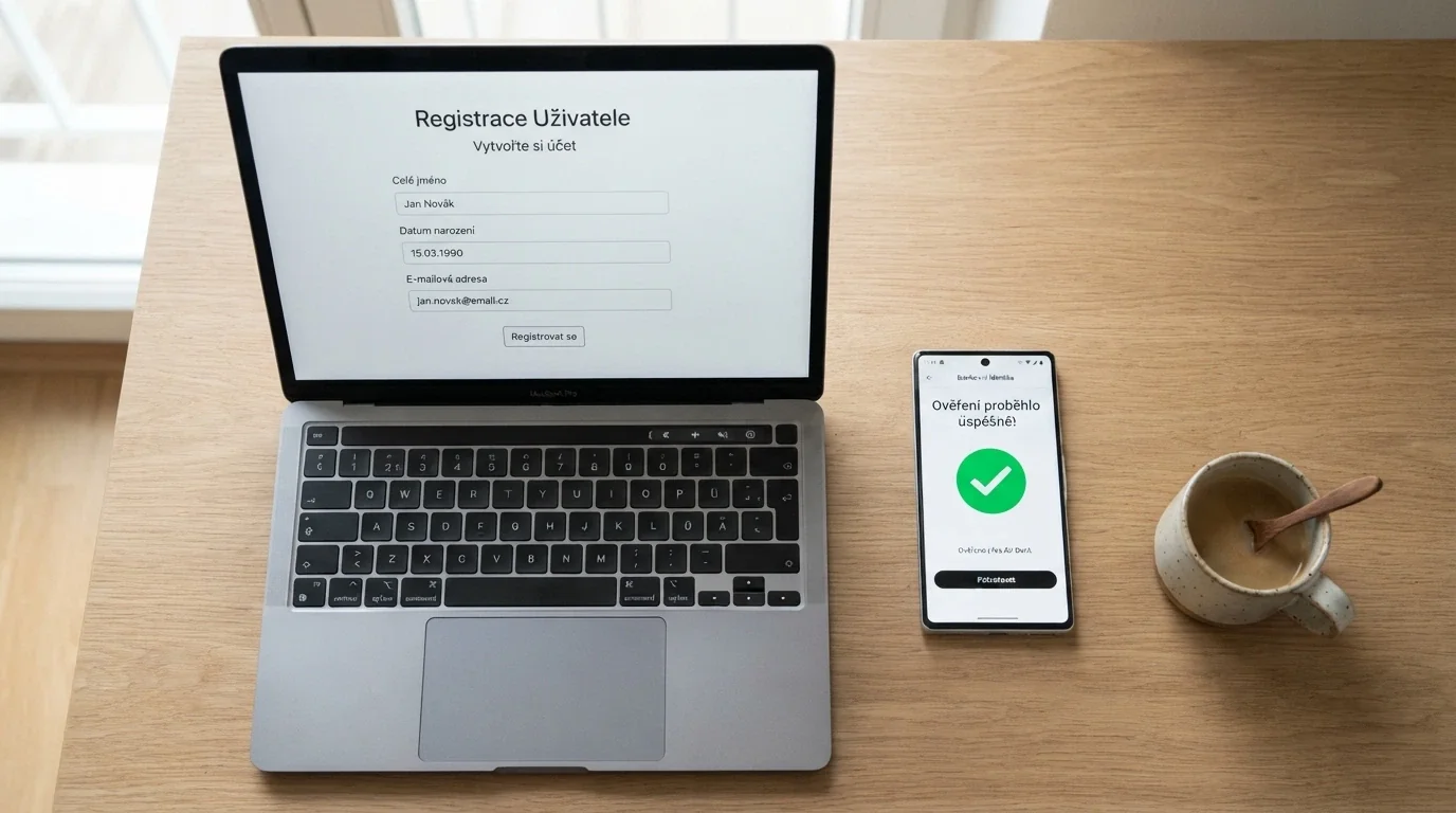 Obrazovka notebooku s registračním formulářem českého online casina a mobilem s ověřením BankID