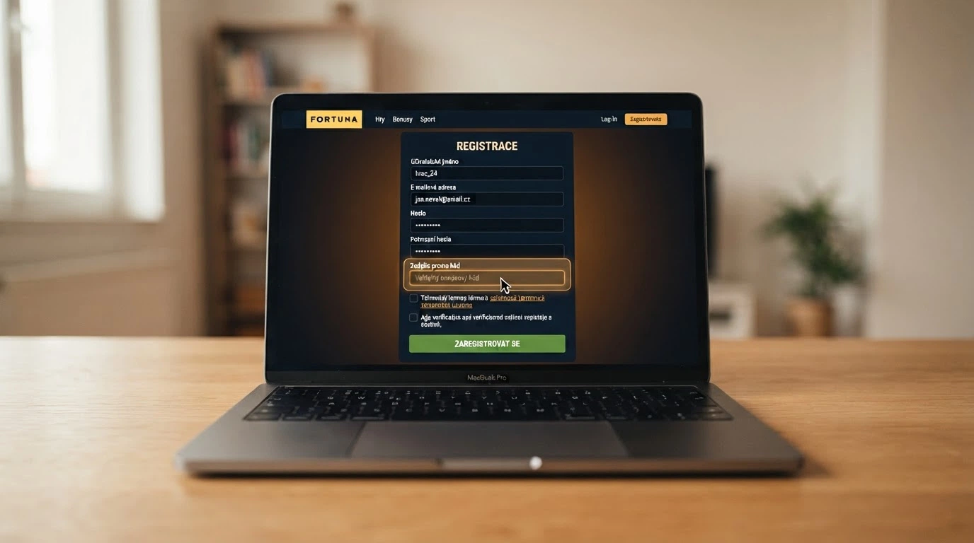 Registrační formulář online casina na obrazovce notebooku, kurzor myši najíždí na pole „Zadejte promo kód“