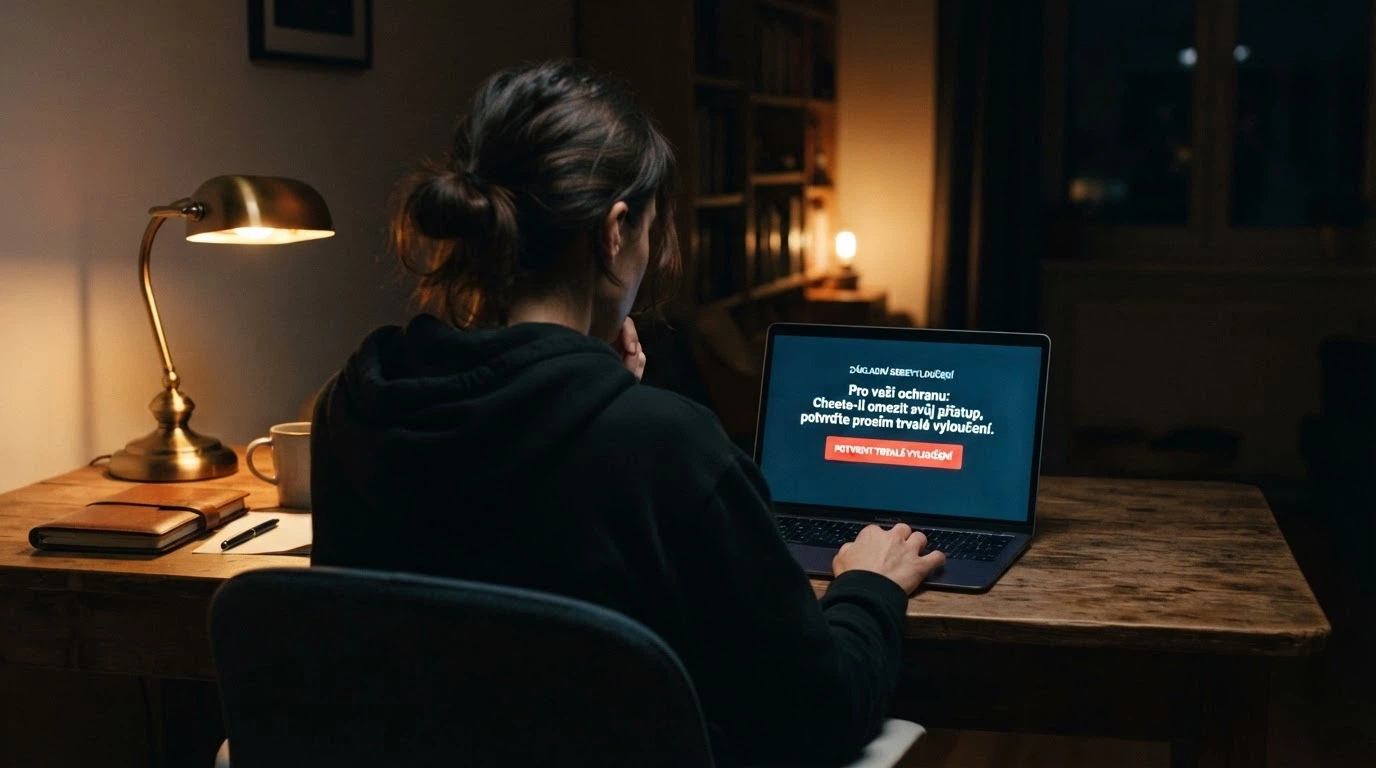 Zamyšlená postava hráče před obrazovkou s tlačítkem sebevyloučení — kontrast mezi impulzivní hrou a vědomou ochranou