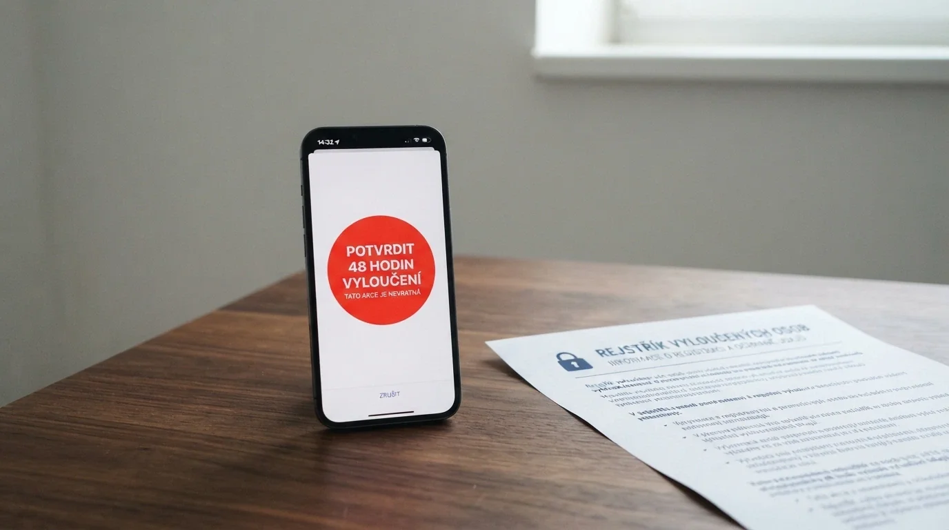 Displej mobilu s velkým červeným tlačítkem „48hodinové sebevyloučení“, vedle něj úřední dokument s nápisem „Rejstřík vyloučených osob“ a symbolem zámku