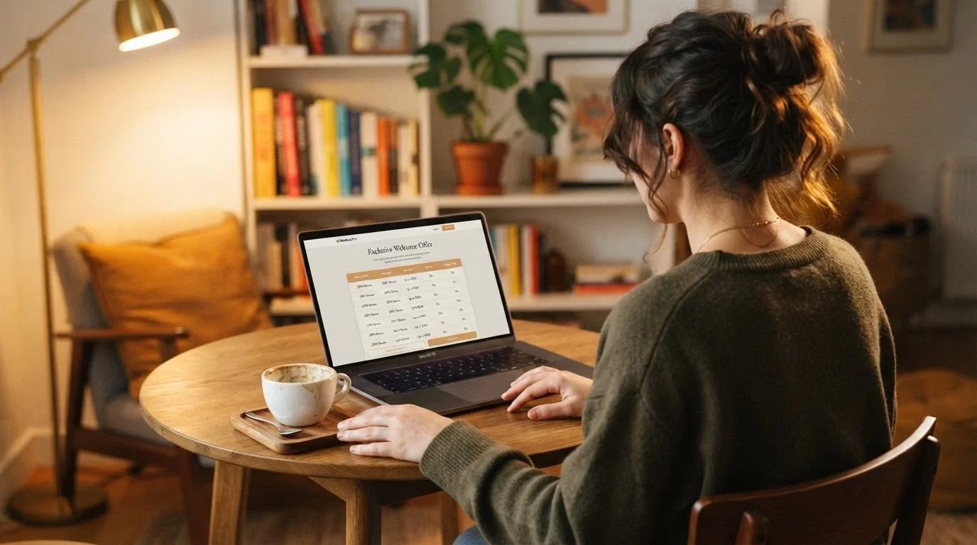 Hráč sedící u stolu, před ním notebook s otevřenou stránkou kasina, vedle šálek kávy — zamyšlený výraz, ne reklama na konkrétní značku