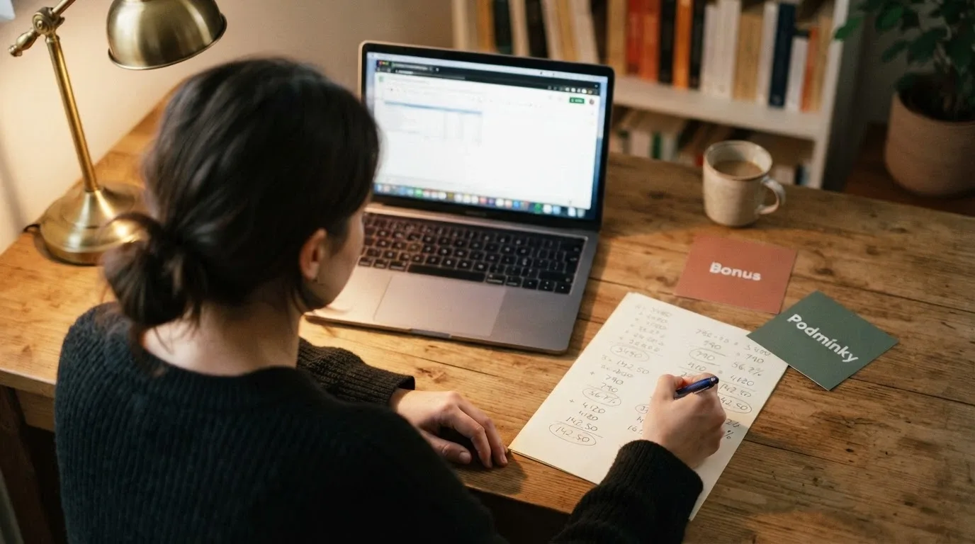 Hráč sedící u notebooku s kalkulačkou v ruce, na stole leží papír s poznámkami — vedle sebe dvě dlaždice: jedna s nápisem „Bonus“, druhá „Podmínky“