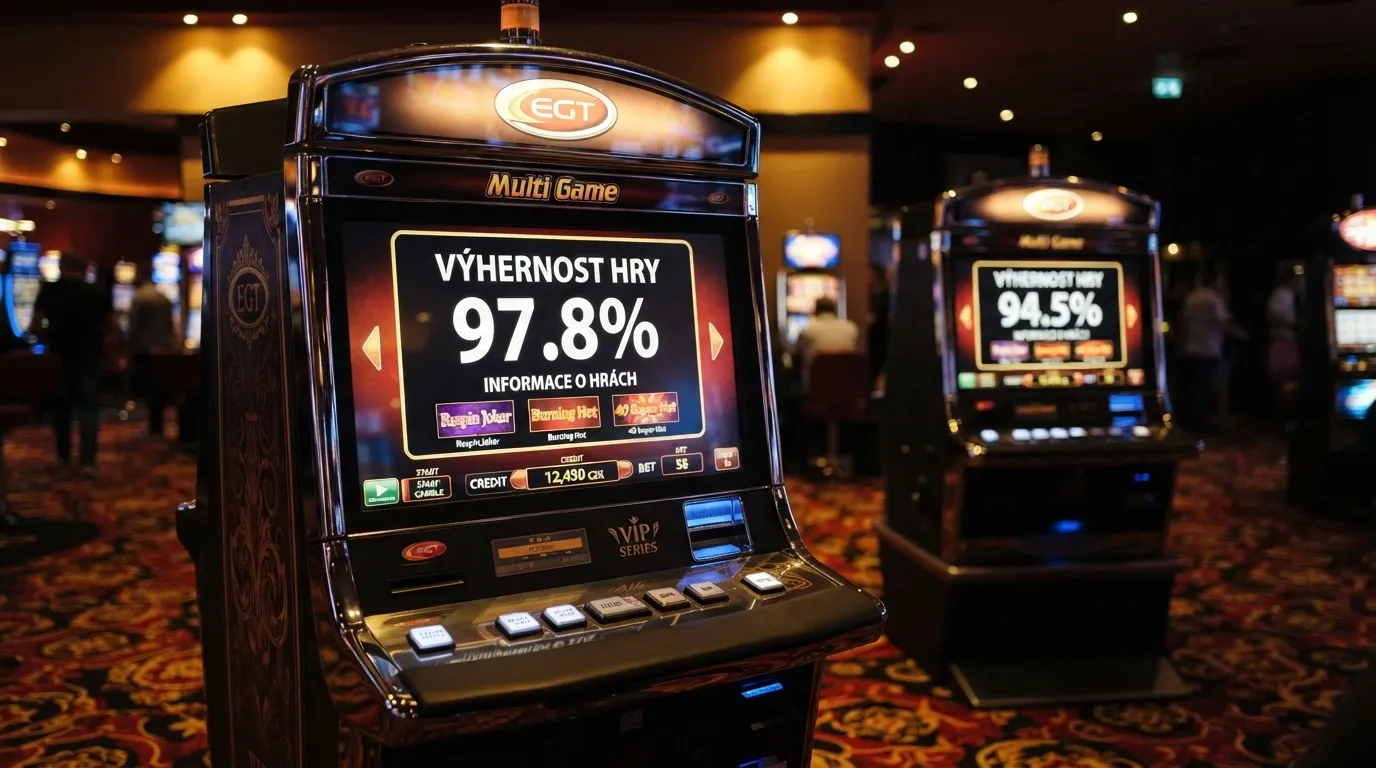 Herní automat s viditelnou informační kartou zobrazující RTP 96,1 %, v pozadí stejný automat s RTP 94,5 % u jiného operátora