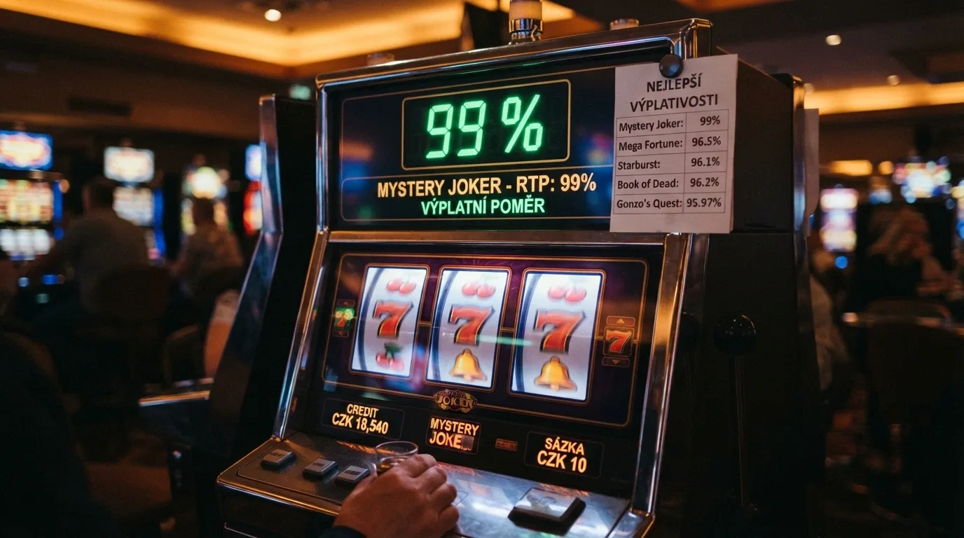 Roztočené válce automatu s viditelnou informační tabulkou RTP 99 % (Mega Joker), vedle seznam automatů s klesající návratností