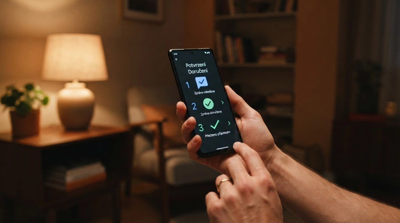 Obrazovka mobilního telefonu s ukázkou jednotlivých kroků SMS vkladu — od napsání zprávy po potvrzení