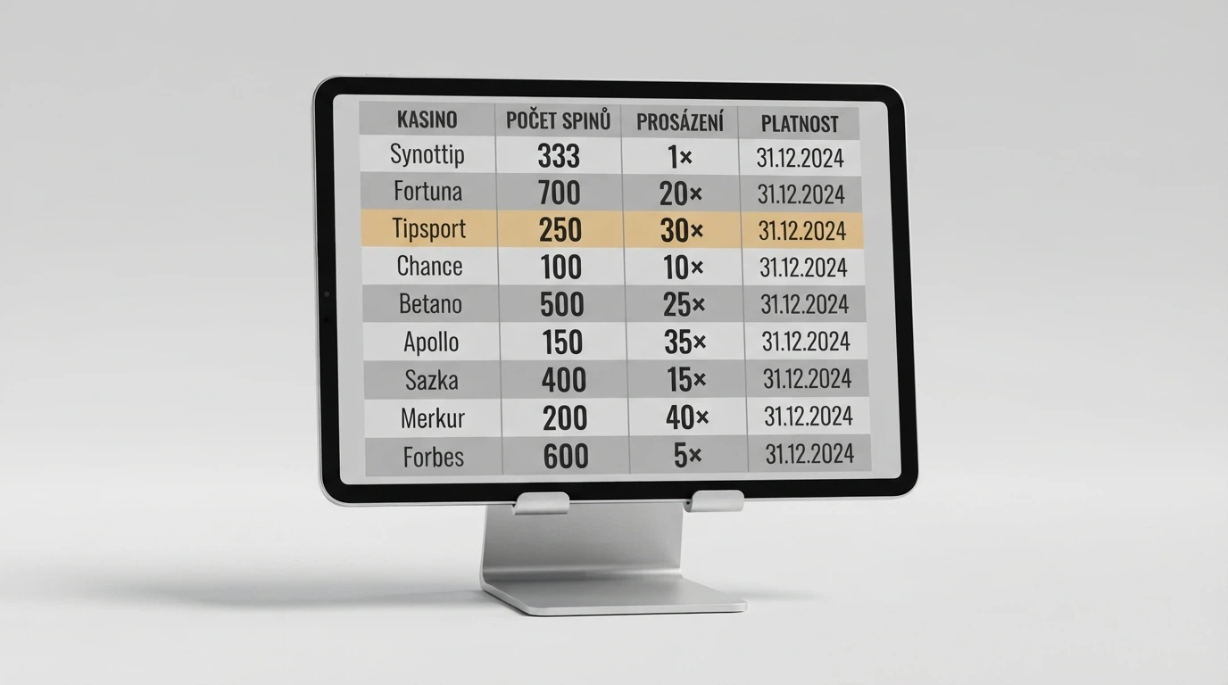 Srovnávací tabulka na monitoru — tři až čtyři sloupce s názvy casin, počty FS a wageringem, jeden řádek zvýrazněný