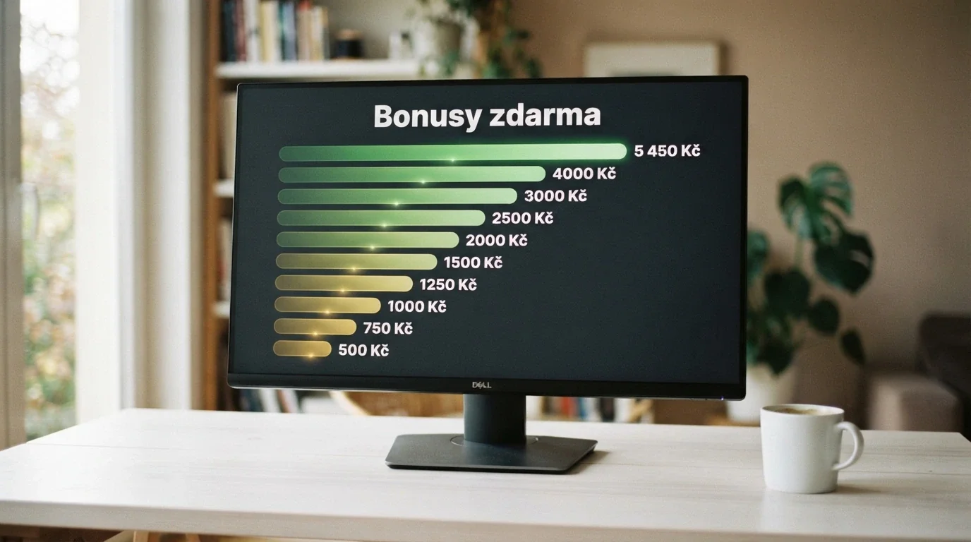 Srovnávací tabulka na monitoru — deset řádků s logy operátorů, vedle hodnoty bonusů a počet free spinů v korunách