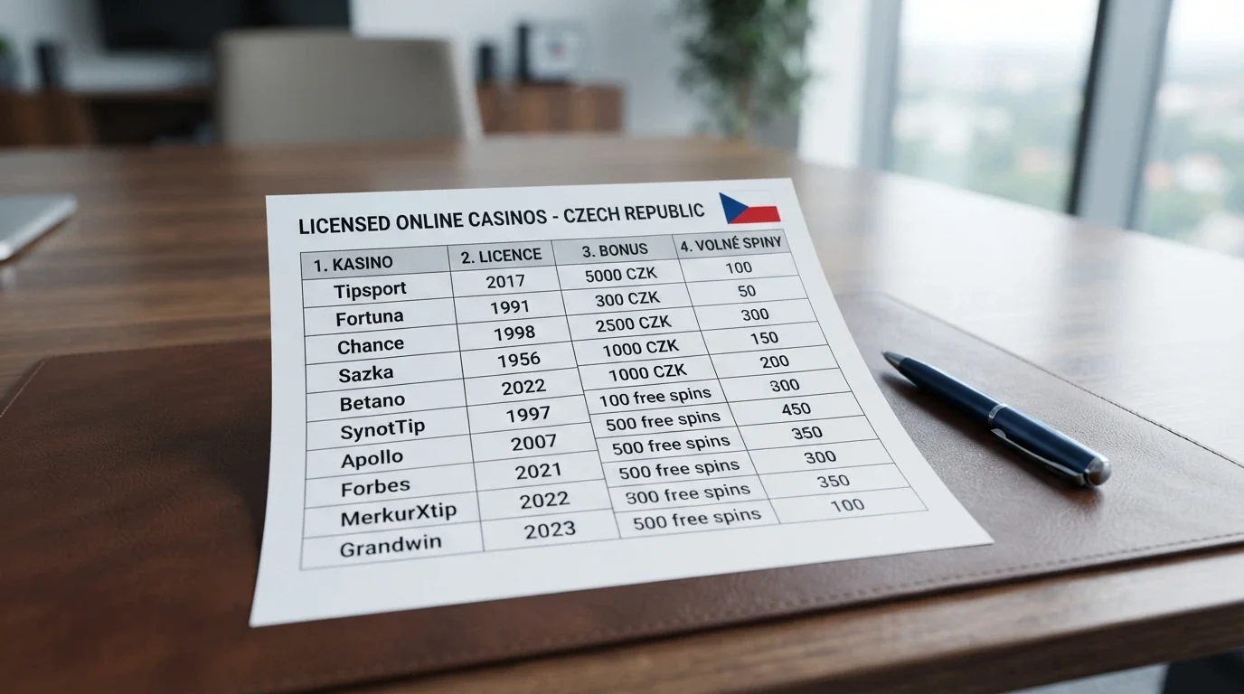Koláž log deseti licencovaných online casin seřazených do přehledové tabulky s českou vlajkou v pozadí