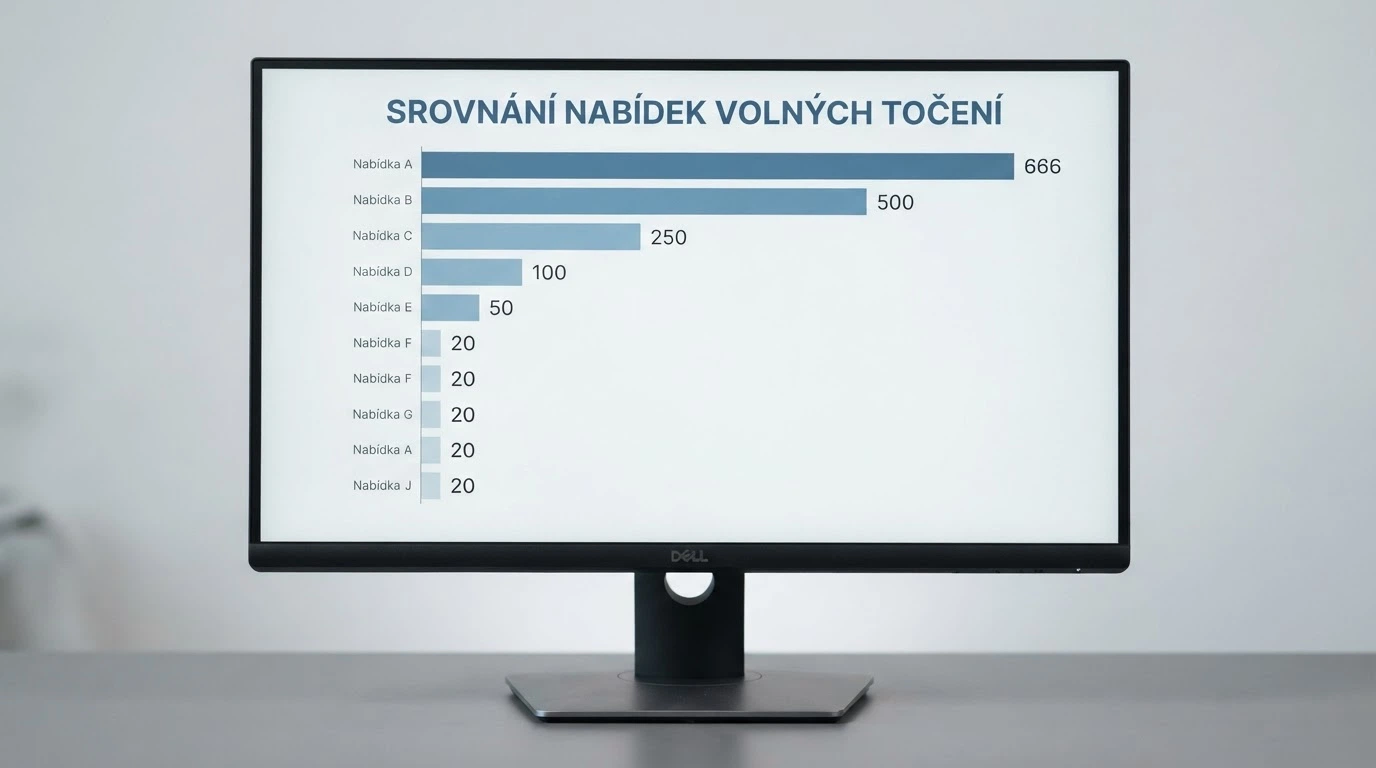 Srovnávací tabulka deseti operátorů na monitoru — vedle sebe počty free spinů, platnosti a herní studia