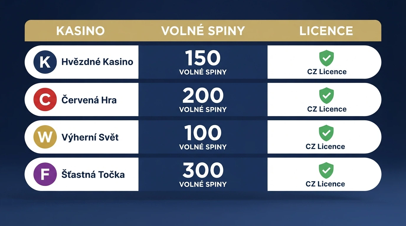 Srovnávací tabulka s logy operátorů, počtem free spinů a licencemi