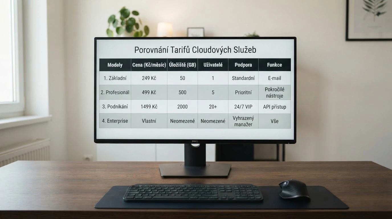 Přehledná srovnávací tabulka na monitoru — v levém sloupci loga operátorů, vpravo hodnoty bonusů a podmínky