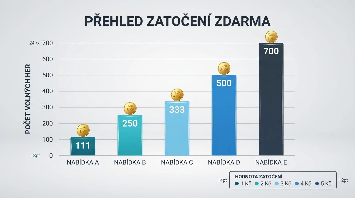 Infografika srovnávající sloupce volných otočení — od 111 po 700 FS — s barevně odlišenou hodnotou za otočku