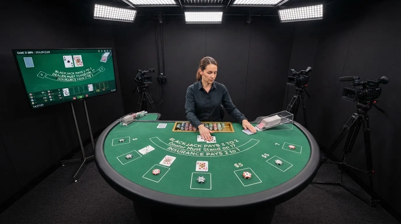 Herní studio s živým krupiérem u blackjackového stolu se sedmi pozicemi a monitorem s herním rozhraním