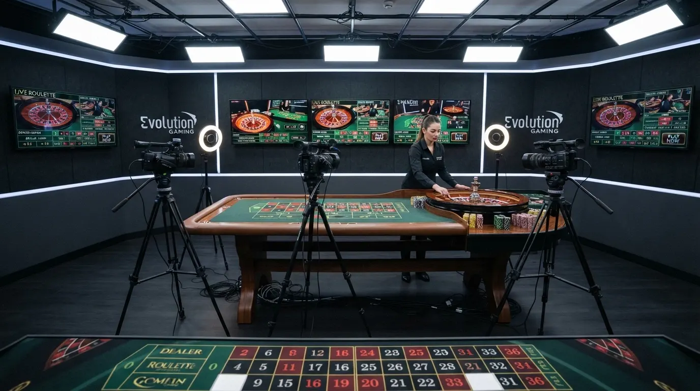 Interiér profesionálního live-casino studia: krupiér u rulety, kamery, osvětlení, monitory