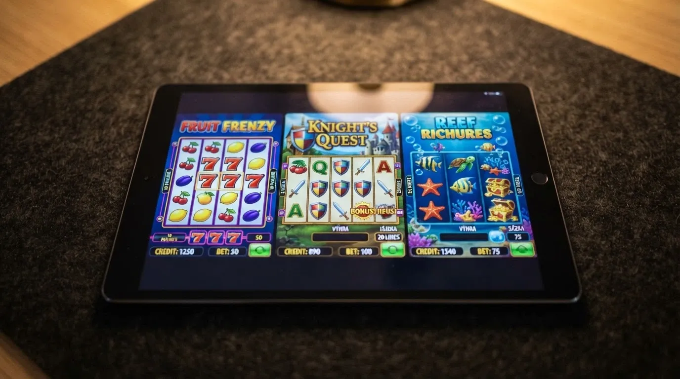 Koláž tří populárních online automatů s českými názvy na obrazovce tabletu