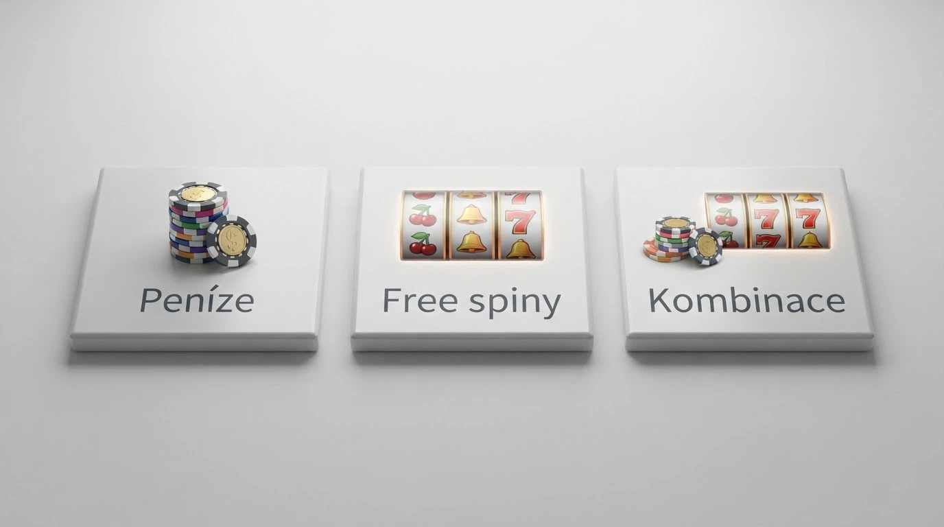 Tři dlaždice vedle sebe znázorňující peněžní bonus, free spiny a kombinovanou nabídku — každá s jinou ikonou a částkou