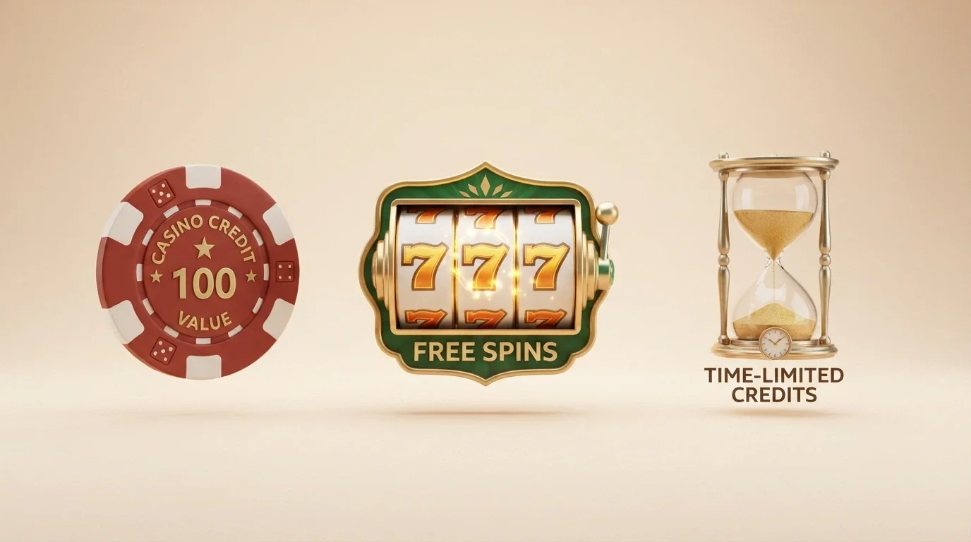 Tři vizuální ikony znázorňující tři formy bonusu — bankovku (cash), roztočený slot (free spiny) a přesýpací hodiny (časový kredit)