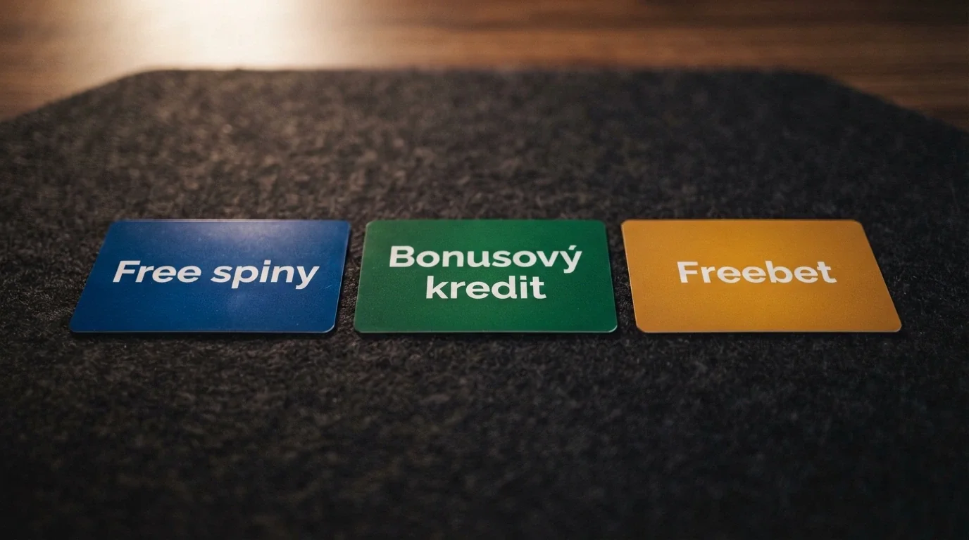 Tři vizuálně odlišené typy odměn: karta s nápisem „Free spiny“, druhá s „Bonusový kredit“, třetí s „Freebet“ — každá v jiné barvě