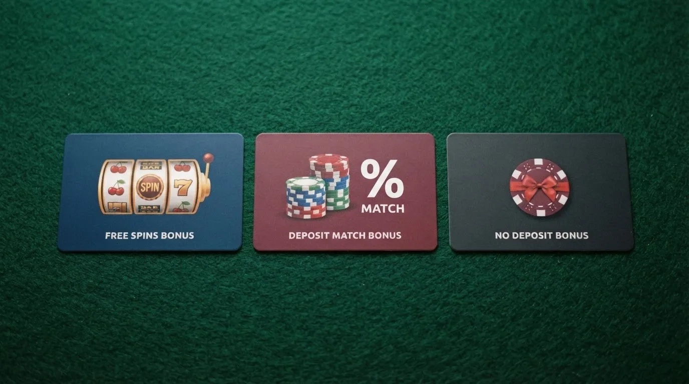 Tři vizuálně oddělené bonusové karty — free spiny, procentuální match a symbolika bonusu bez vkladu