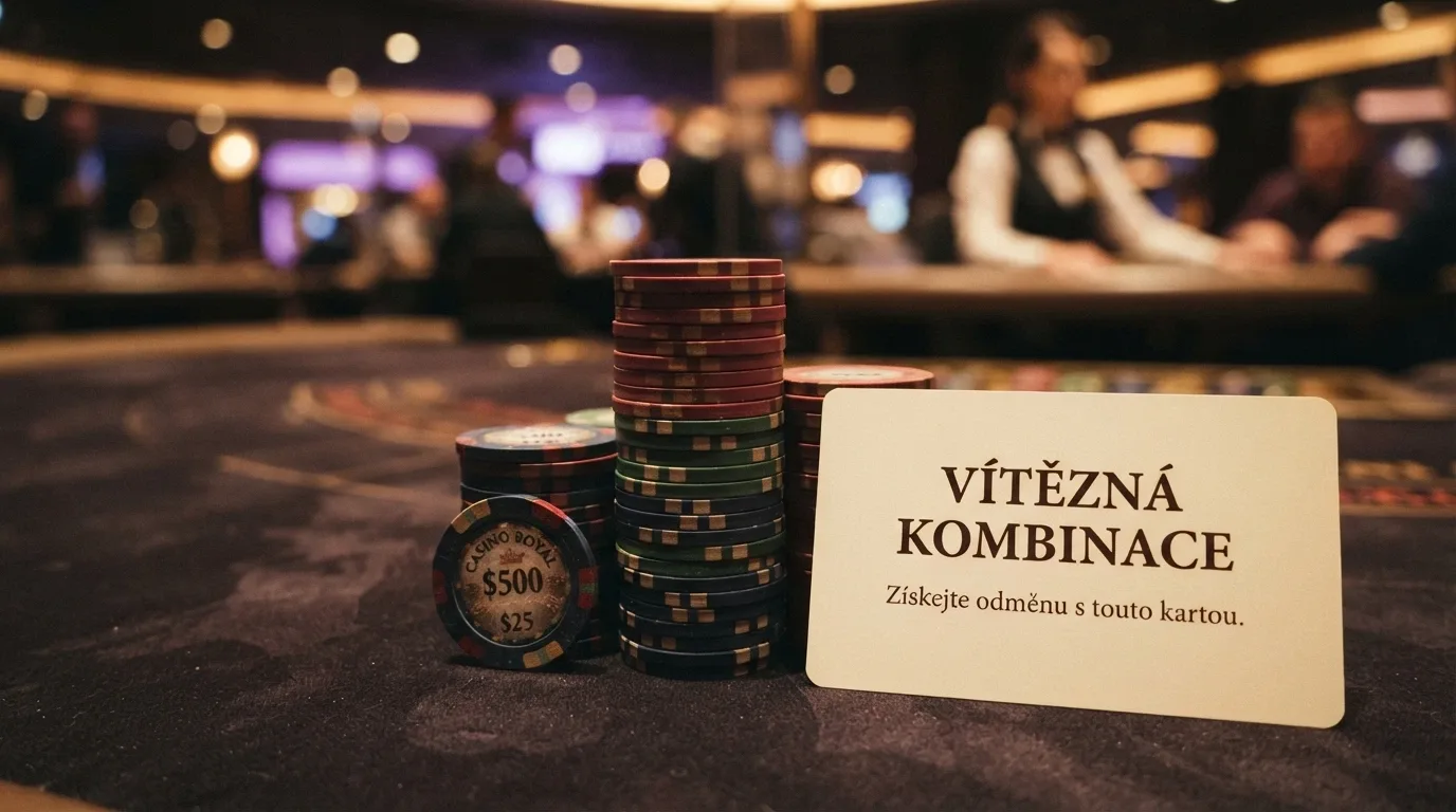 Uvítací balíček s žetony a bonusovou kartou na pozadí živého casino studia